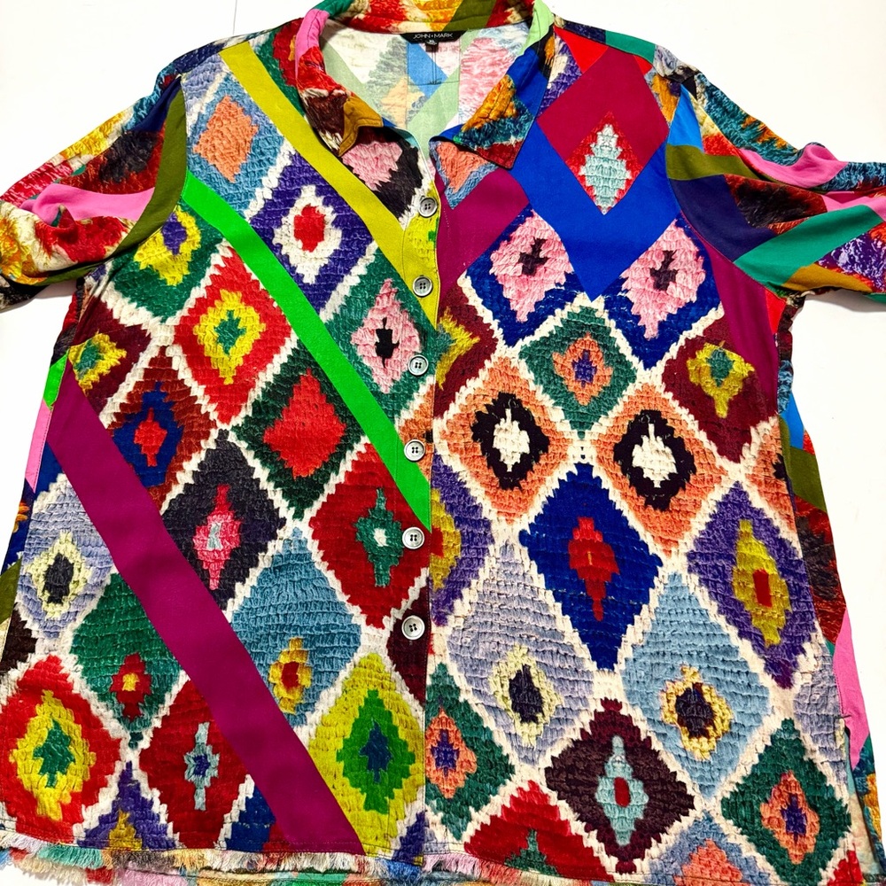 John Mark Bold Mod Market Multicolor Tunic Blouse Size XL Artsy Festive Boho - Picture 5 of 16